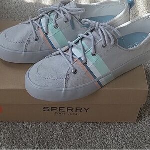 Sperry Gray Canvas Sneakers with Pastel Stripes Size 9